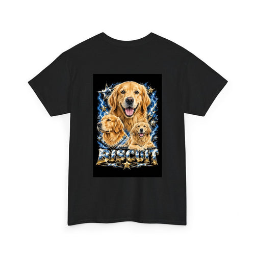 Example: custom 90s bootleg pet portrait tee personalized with the name BISCUIT