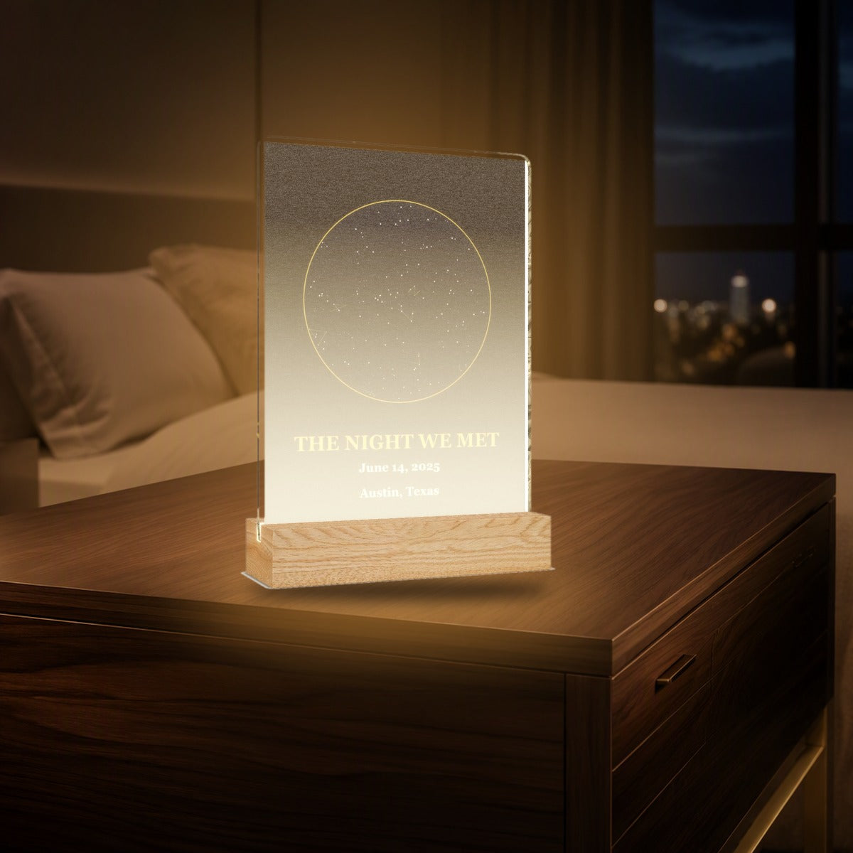 Star map LED frame glowing warm on a wooden nightstand in a dark bedroom