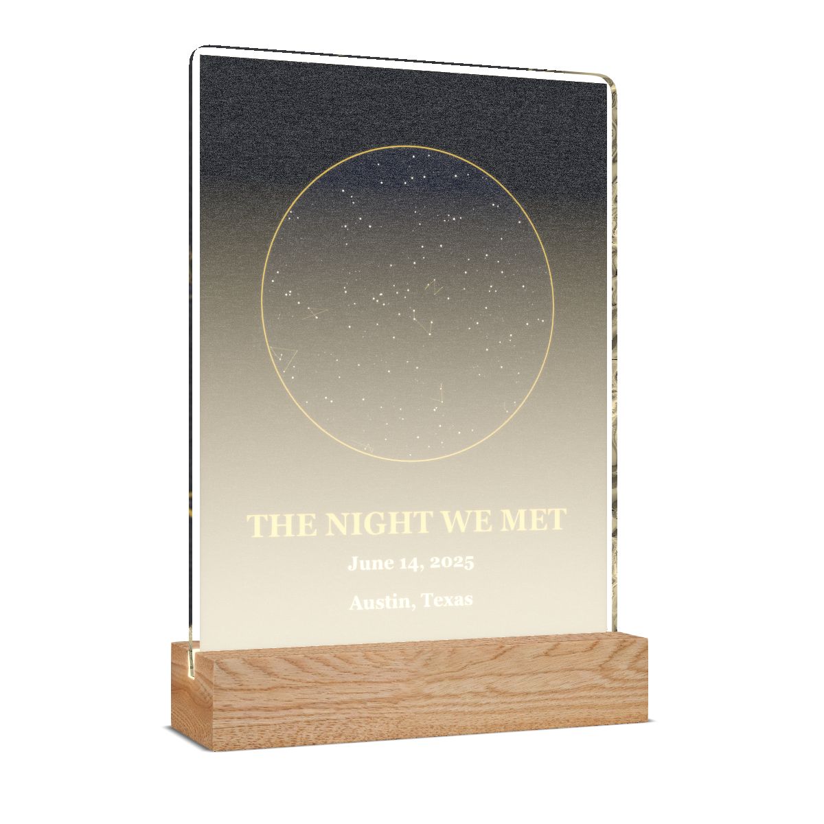 The Night We Met Custom Star Map LED Frame & Heat-Reveal Mug — LED Star Map Frame — acrylic plaque on oak LED base (sample design)